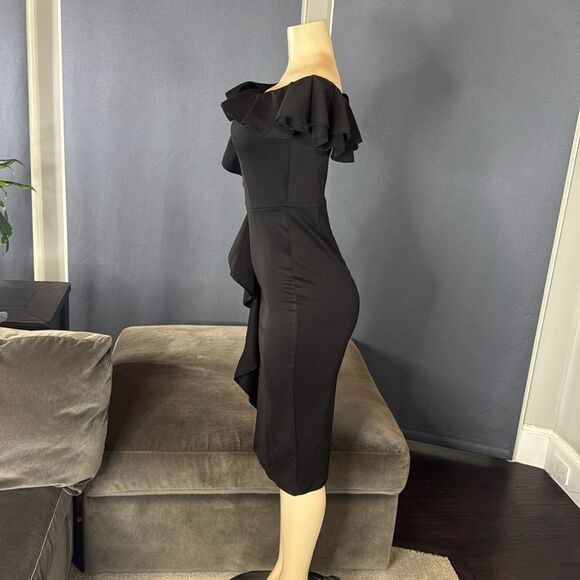 Women’s Black Off-Shoulder BodyCon Midi Dress with Ruffles Size S NWOT - Picture 6 of 13